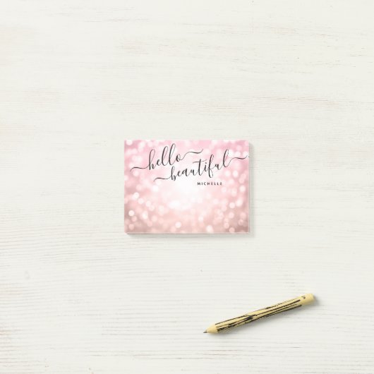 Personalisierte Rose Gold Lights "Hello Beautiful" Post-it Klebezettel (Auf Schreibtisch)