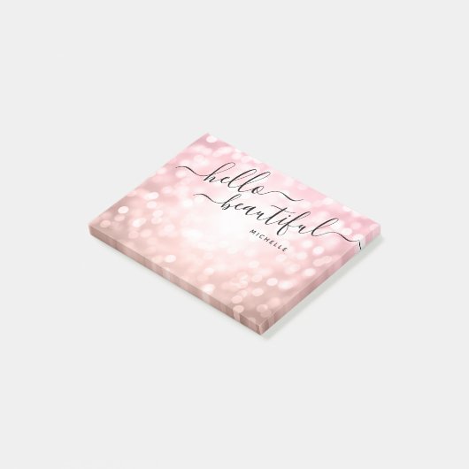Personalisierte Rose Gold Lights "Hello Beautiful" Post-it Klebezettel (angewinkelt)