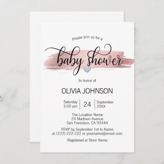 Personalisierte Rose Gold Pink White Girl Babydusc Einladung (Vorne/Hinten)