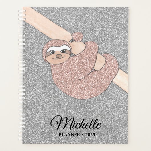 Personalisierte Rose Gold Silver Glitzer Sloth Planer (Vorderseite)