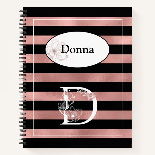Personalisierte Rose Gold Streifen mit Initial D Notizblock (Vorderseite)