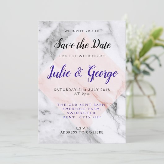 Personalisierte Rose Goldmarmor Save the Date Einladung (Stehend Vorderseite)