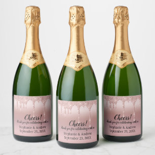 Personalisierte Roségold-Glitter-Herzen Schaumweinetikett