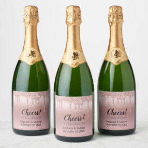 Personalisierte Roségold-Triefglitter-Hochzeits-C Schaumweinetikett