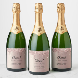 Personalisierte Roségold-Tröpfchen-Glitter-Hochzei Schaumweinetikett