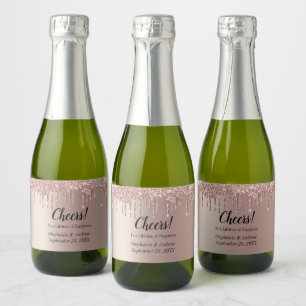 Personalisierte Roségold-Tröpfchen-Glitter-Hochzei Schaumweinetikett