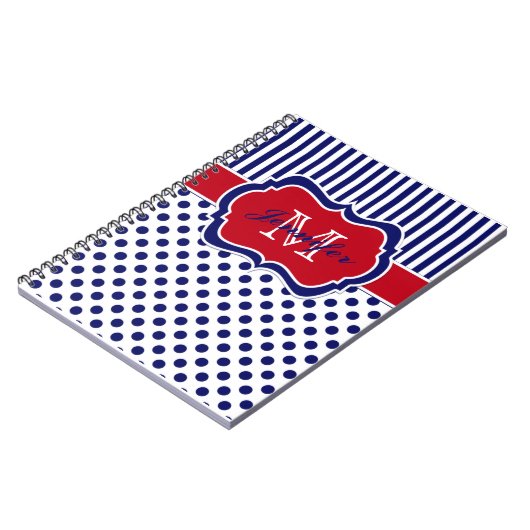 Personalisierte Rot-Blau-Streifen-Polka-Punkte Notizblock (Linke Seite)