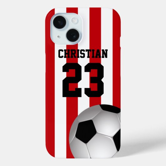 Personalisierte Rot- und Weißstreifen-Fußball Case-Mate iPhone Hülle (Rückseite)