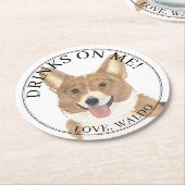 Personalisierte Rot-Weiß-Corgi-Hochzeit Runder Pappuntersetzer (Angewinkelt)