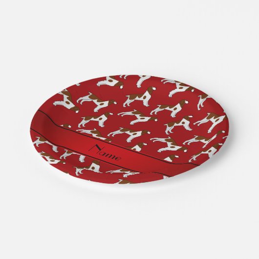Personalisierte rote Bretagnespanielnamenshunde Pappteller (Schrägansicht)