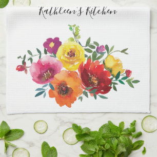 Personalisierte rote gelbe rosa Wasserfarbe floral Geschirrtuch