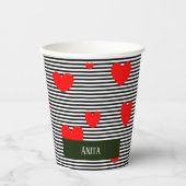 Personalisierte rote Herzen und Streifen Pappbecher (Vorderseite)