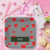 Personalisierte rote Herzen und Streifen Pappteller (Party)