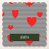 Personalisierte rote Herzen und Streifen Untersetzer (Vorderseite)