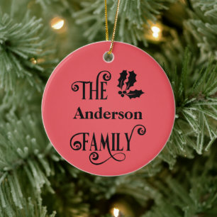 Personalisierte rote Holly-Familiennamen Weihnacht Keramik Ornament