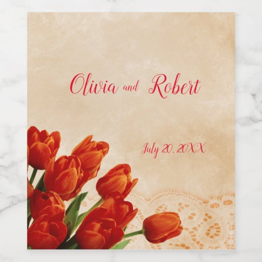 Personalisierte rote Tulpen im Hintergrund Weinetikett (Einzelnes Label)