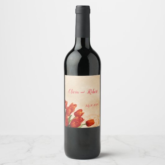 Personalisierte rote Tulpen im Hintergrund Weinetikett (Vorderseite)