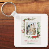 Personalisierte rote und grüne florale Weihnachtsk Schlüsselanhänger (Vorderseite)