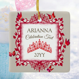 Personalisierte Rubinrote Tiara & Schmetterlinge Keramikornament