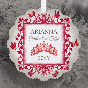 Personalisierte Rubinrote Tiara & Schmetterlinge Ornament Karte