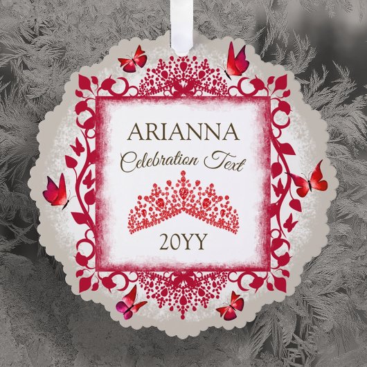 Personalisierte Rubinrote Tiara & Schmetterlinge Ornament Karte