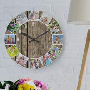 Personalisierte runde Holz-Fotocollage mit 12 Foto Große Wanduhr