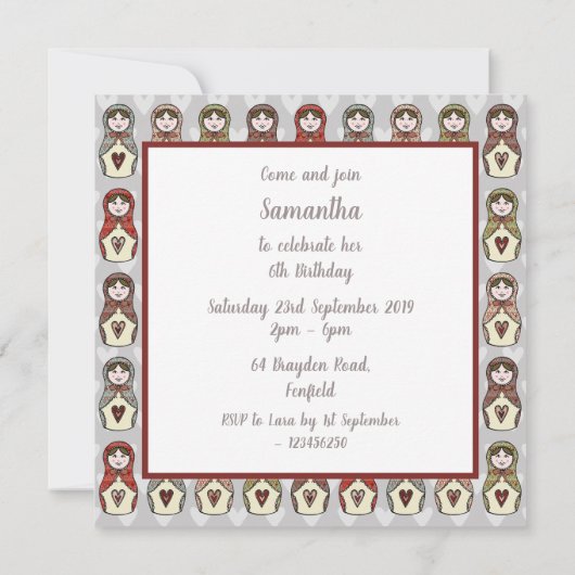 Personalisierte russische Puppe Matryoshka Einladu (Rückseite)