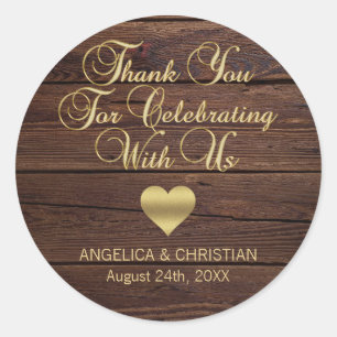 Personalisierte RUSTIC Wood Gold Heart Wedding Runder Aufkleber
