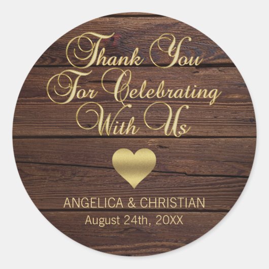 Personalisierte RUSTIC Wood Gold Heart Wedding Runder Aufkleber (Vorderseite)