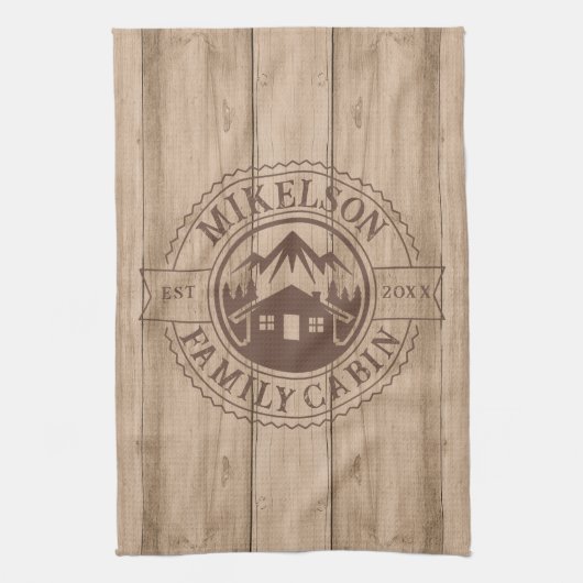 Personalisierte Rustikal-Holzhütte Geschirrtuch (Vertikal)
