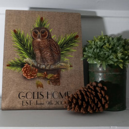 Personalisierte Rustikale Burlap und Owl Neue Zuha Fotoplatte