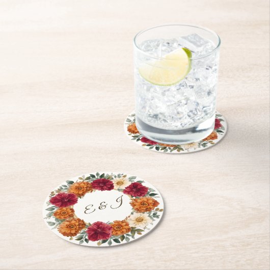 Personalisierte Rustikale Herbstblumenhochzeit Runder Pappuntersetzer (Vor Ort)