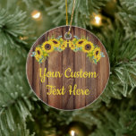 Personalisierte rustikale Holzsonnenblume, benutze Keramik Ornament<br><div class="desc">Tropfholz Mittelholz Sonnenblumen Unterhaltung Hintergrund,  Geburtstagsparty Sonnenblume Eukalyptus-Henne,  rustikale Hochzeitshaus Freiland,  personalisiert Herbstschwung 25. Erneuerung,  Verlobungsfeier neuvermähltes Verzierungsgeschenk,  Baby Dusche Brautparty-Ornament,  Hochzeitsgeschenk Gegenwart Verzierung Sommer Frühling,  Doppel Geburtstagsgeschenk Geburtstag-Geburtstagsschmuck D,  zwei Seiten,  beide Seiten</div>