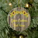Personalisierte rustikale Holzsonnenblume Keramik Ornament<br><div class="desc">Tropfholz Sonnenblumen Unterhaltung Hintergrund,  Geburtstagsparty Sonnenblume Eukalyptus-Henne,  rustikale Hochzeitshalle Freiland,  personalisiert Herbstschwung 25. Erneuerung,  Verlobungsfeier neuvermähltes Verzierungsgeschenk,  Baby Dusche Brautparty Verzierung,  Hochzeitsgeschenk Gegenwart Verzierung Sommer Frühling,  Ihre eigene Text Geburtstagsschmuck,  Jubilähe süße 116 Quinceanera,  Herbst Neueltern auf beiden Seiten</div>