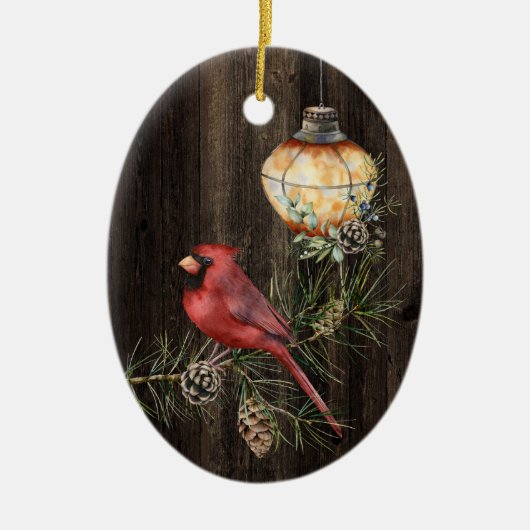 Personalisierte rustikale Laterne und Redbird Weih Keramik Ornament (Vorne)