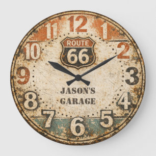 Personalisierte rustikale Route 66 verwitterte Kun Große Wanduhr