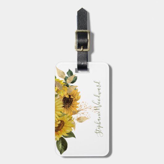 Personalisierte rustikale Sonnenblume, goldgrüne B Gepäckanhänger (Vorderseite vertikal)