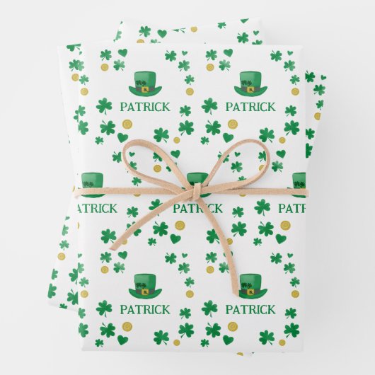 Personalisierte Saint Patricks Leprechaun Clover Geschenkpapier Set (Beispiel)