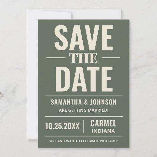 Personalisierte Salbeigrüne Moderne Hochzeit Save The Date (Vorderseite)
