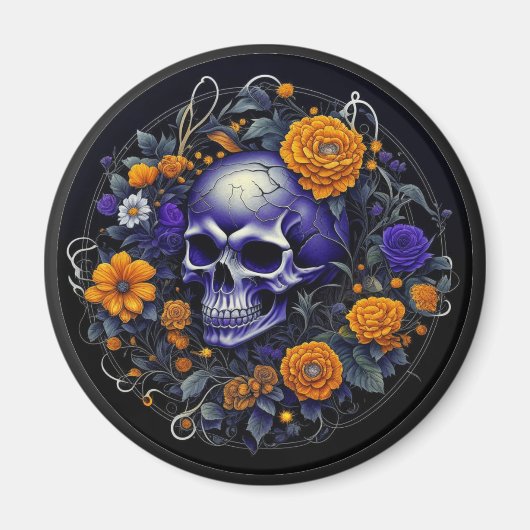 Personalisierte Schädel- und Orangefarbene Blume K Magnet (Vorne)