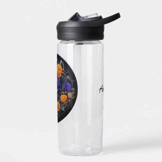 Personalisierte Schädel- und Orangefarbene Blume K Trinkflasche (Links)