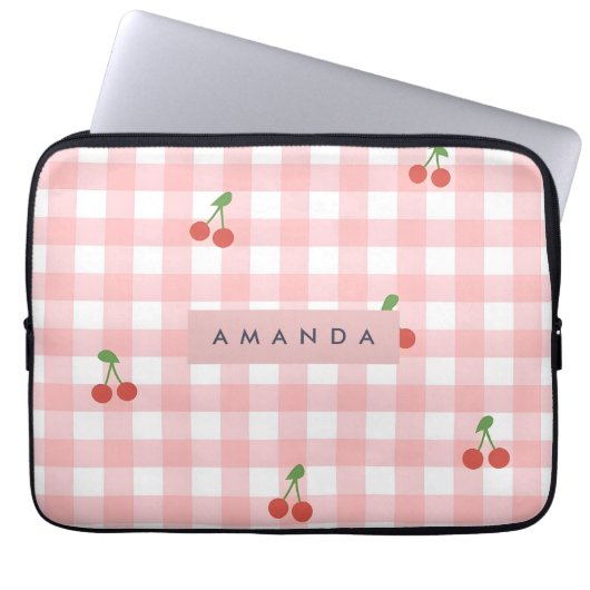 Personalisierte Schicke Kirsch-Gingham-Accessoires Laptopschutzhülle (Vorderseite)