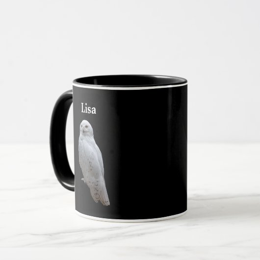 Personalisierte Schneeeule auf Schwarzem Tasse (Vorderseite Links)