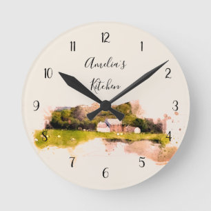 Personalisierte schottische Bauernhausküche Runde Wanduhr