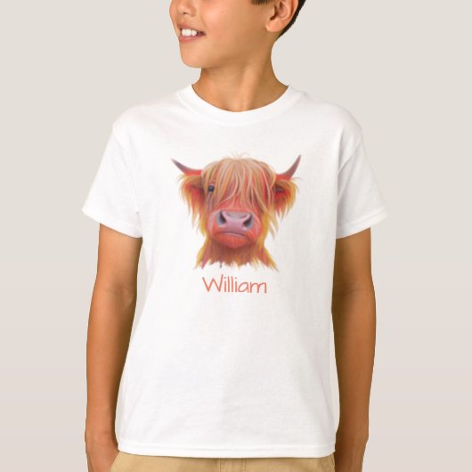 personalisierte schottische Highland Hairy Cow T-Shirt (Vorderseite)
