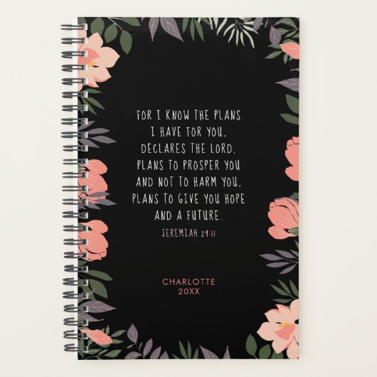 Personalisierte Schrift Peach & Black Floral Frame Planer (Vorderseite)