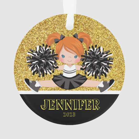 Personalisierte Schwarz & Gold-Cheerleader-Ornamen Ornament (Rückseite)