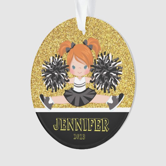 Personalisierte Schwarz & Gold-Cheerleader-Ornamen Ornament (Vorderseite)