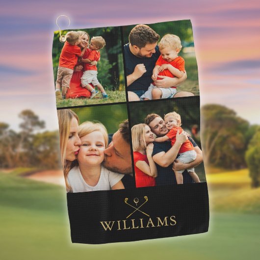 Personalisierte Schwarz-Gold-FotoCollage Golfhandtuch