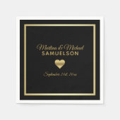 Personalisierte Schwarz-Gold-Herz-Rahmen-Hochzeit Serviette (Vorderseite)